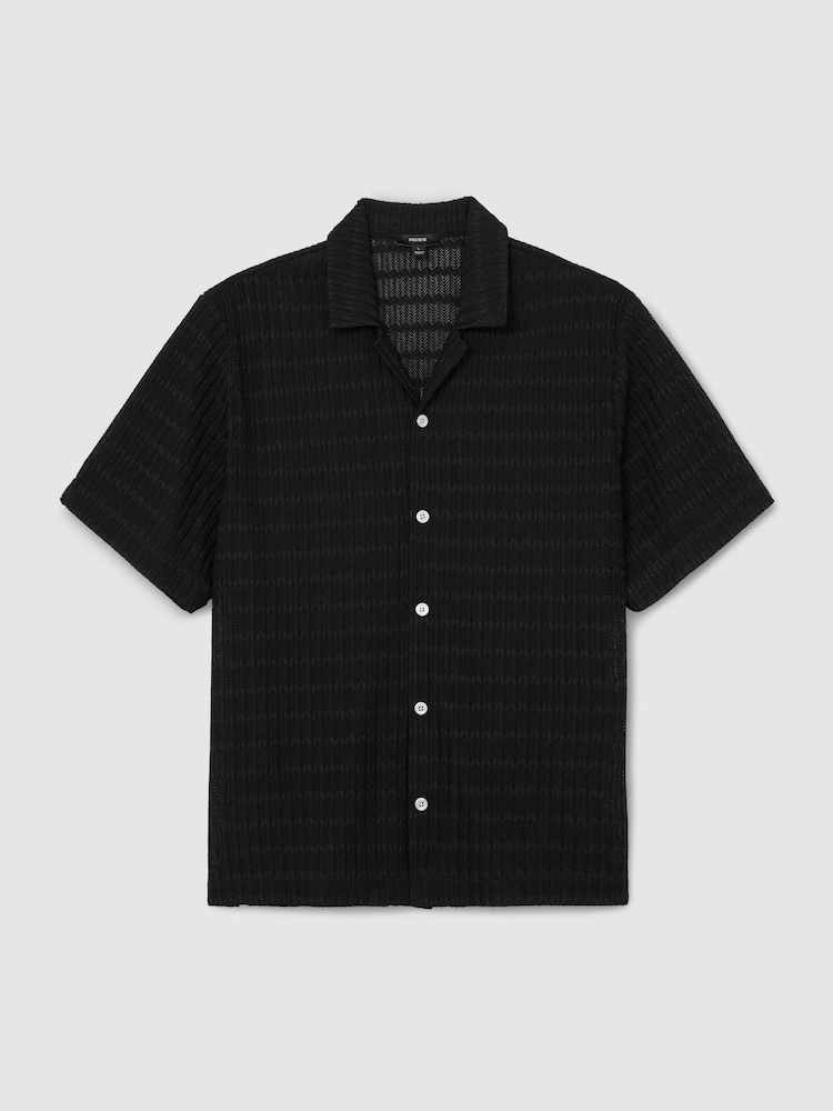 Reiss Black Sid Chevron-Crochet Cuban-Collar Shirt - Image 2 of 6 Reiss Black Sid Chevron-Crochet Cuban-Collar Shirt - Image 2 of 6