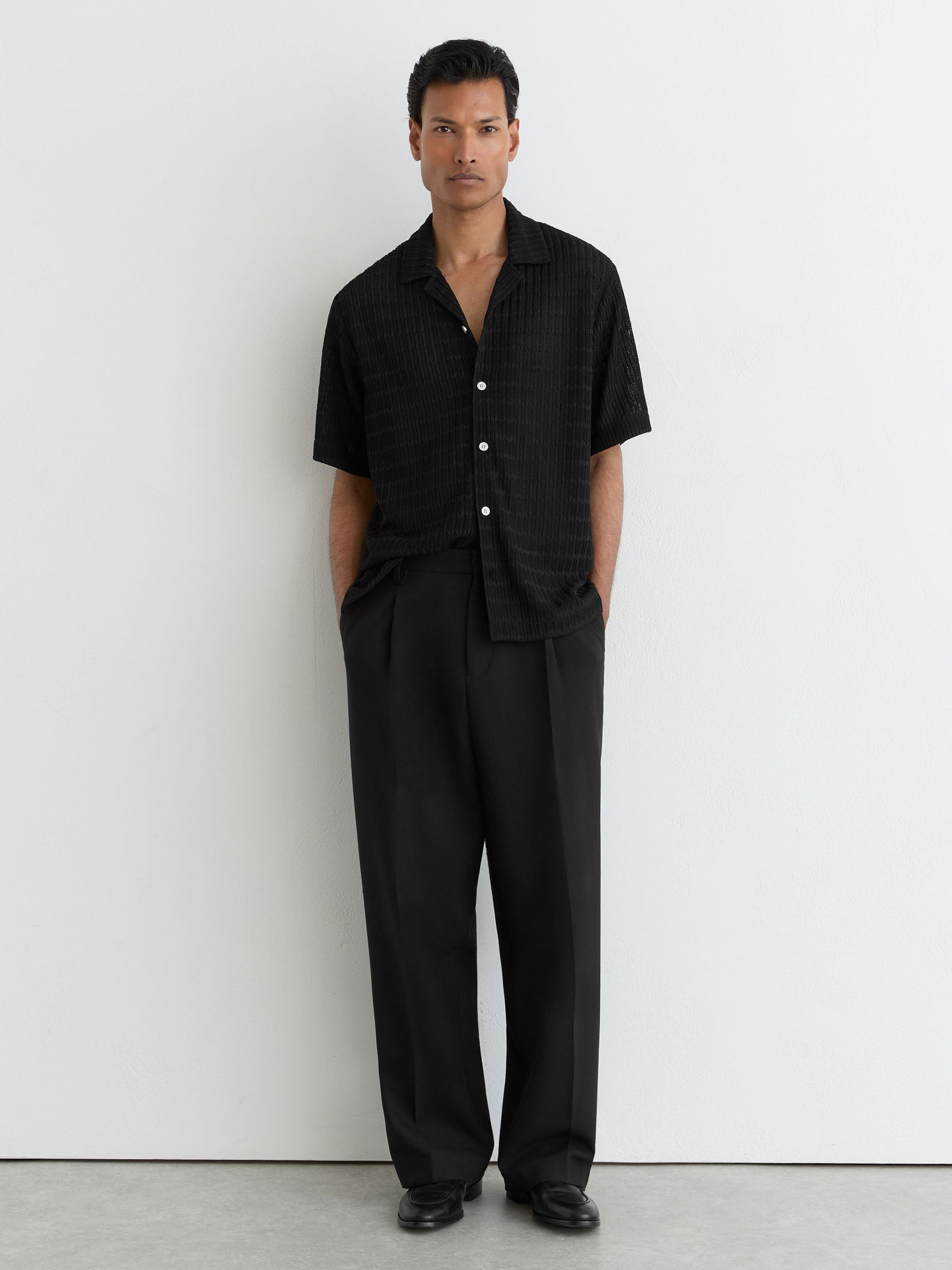 Buy Reiss Black Sid Chevron-Crochet Cuban-Collar Shirt from Next USA