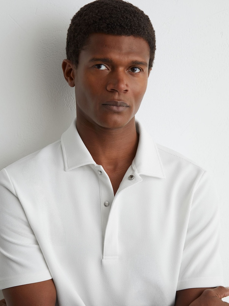 Reiss White Reed Textured Concealed-Placket Polo Shirt - Image 1 of 6 Reiss White Reed Textured Concealed-Placket Polo Shirt - Image 1 of 6