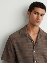 Reiss Taupe Brown Sid Chevron-Crochet Cuban-Collar Shirt - Image 1 of 6