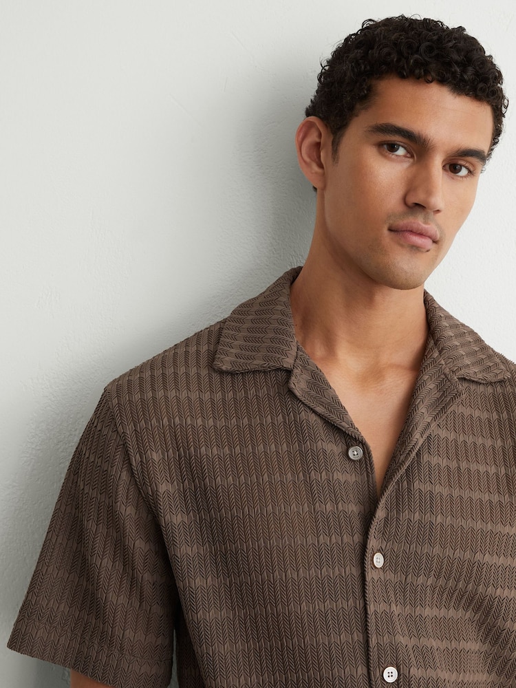 Reiss Taupe Brown Sid Chevron-Crochet Cuban-Collar Shirt - Image 1 of 6