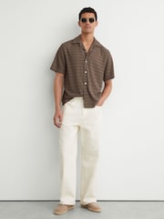 Reiss Taupe Brown Sid Chevron-Crochet Cuban-Collar Shirt - Image 3 of 6