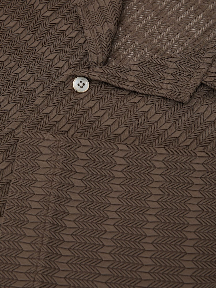 Reiss Taupe Brown Sid Chevron-Crochet Cuban-Collar Shirt - Image 6 of 6