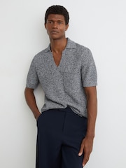 Reiss Indigo Blue Owen Speckle-Knit Open-Collar Polo Jumper - Image 1 of 6
