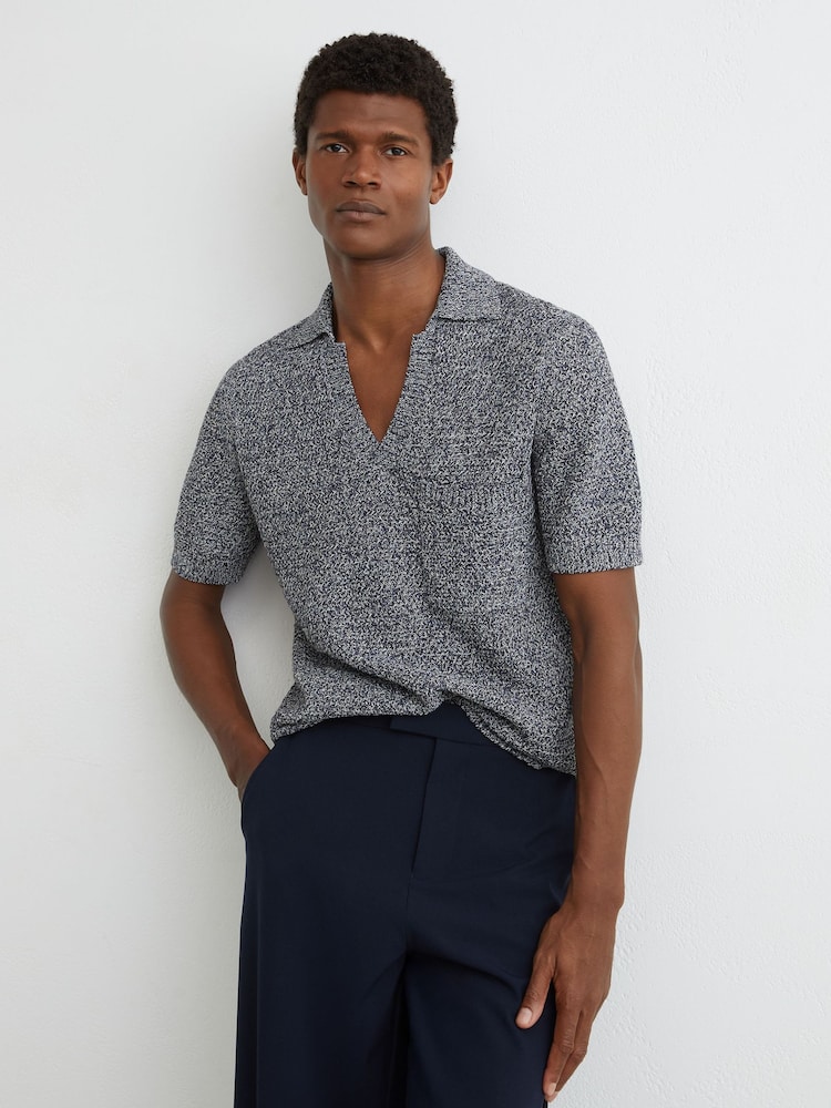Reiss Indigo Blue Owen Speckle-Knit Open-Collar Polo Jumper - Image 1 of 6