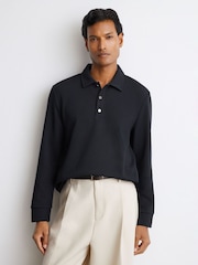 Reiss Navy Alba Textured Long-Sleeve Polo Shirt - Image 1 of 6