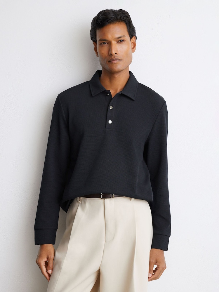 Reiss Navy Alba Textured Long-Sleeve Polo Shirt - Image 1 of 6