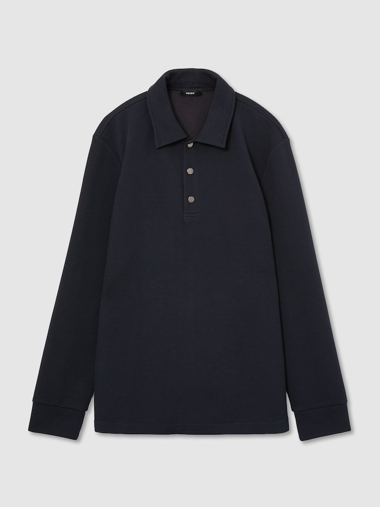 Reiss Navy Alba Textured Long-Sleeve Polo Shirt - Image 2 of 6