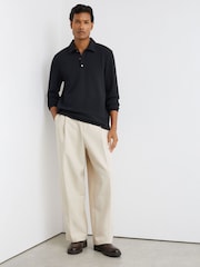 Reiss Navy Alba Textured Long-Sleeve Polo Shirt - Image 4 of 6