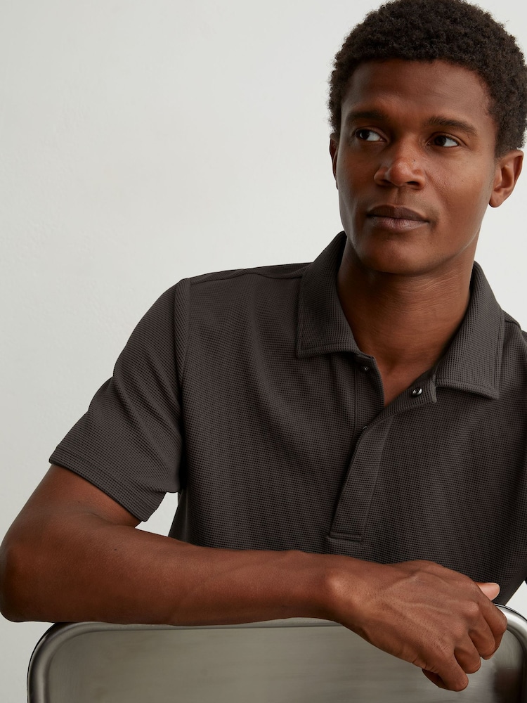 Reiss Brown Reed Textured Concealed-Placket Polo Shirt - Image 1 of 6 Reiss Brown Reed Textured Concealed-Placket Polo Shirt - Image 1 of 6