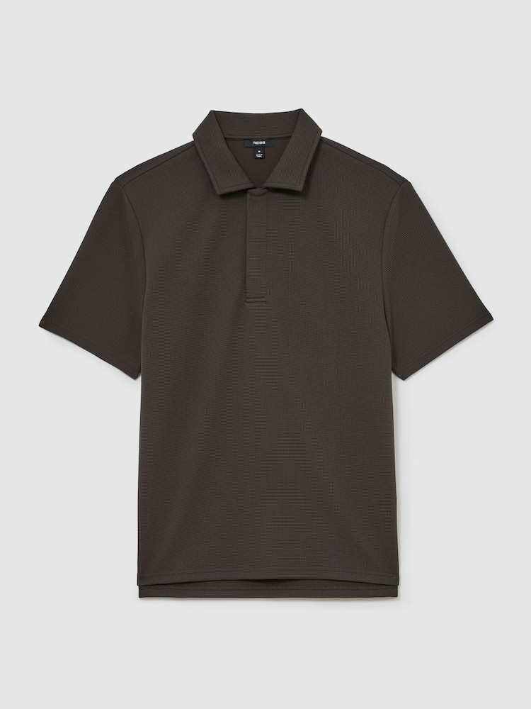 Reiss Brown Reed Textured Concealed-Placket Polo Shirt - Image 2 of 6 Reiss Brown Reed Textured Concealed-Placket Polo Shirt - Image 2 of 6