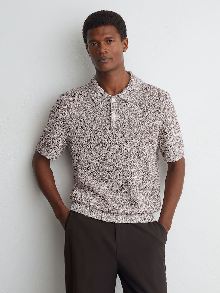 Reiss White/Camel Marco Cotton-Blend Half-Button Marled Polo - Image 1 of 6 Reiss White/Camel Marco Cotton-Blend Half-Button Marled Polo - Image 1 of 6