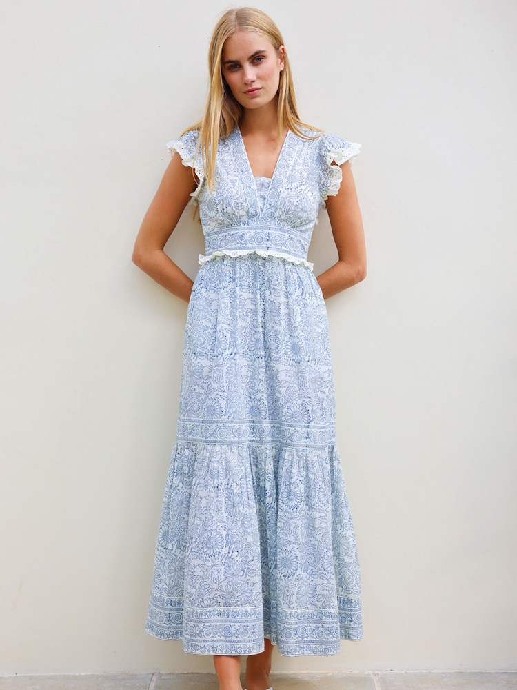 Aspiga Blue Pippa Cotton Block Print Dress - Image 1 of 4 Aspiga Blue Pippa Cotton Block Print Dress - Image 1 of 4