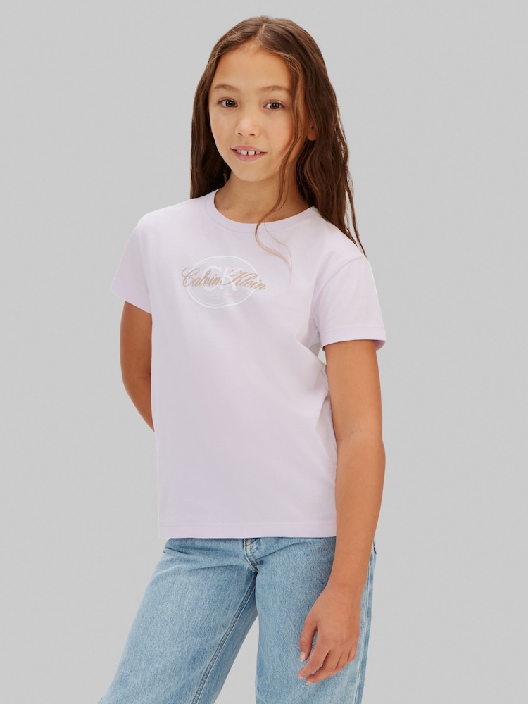 Calvin Klein Purple Script Logo T-Shirt - Image 1 of 5