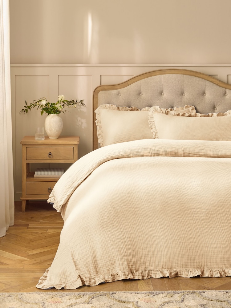 Cream Cotton Muslin Frill Duvet Cover and Pillowcase Set - Image 1 of 4 Cream Cotton Muslin Frill Duvet Cover and Pillowcase Set - Image 1 of 4
