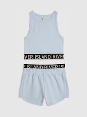 River Island Blue Logo Tank & Runner Shorts Set - Image 1 of 4