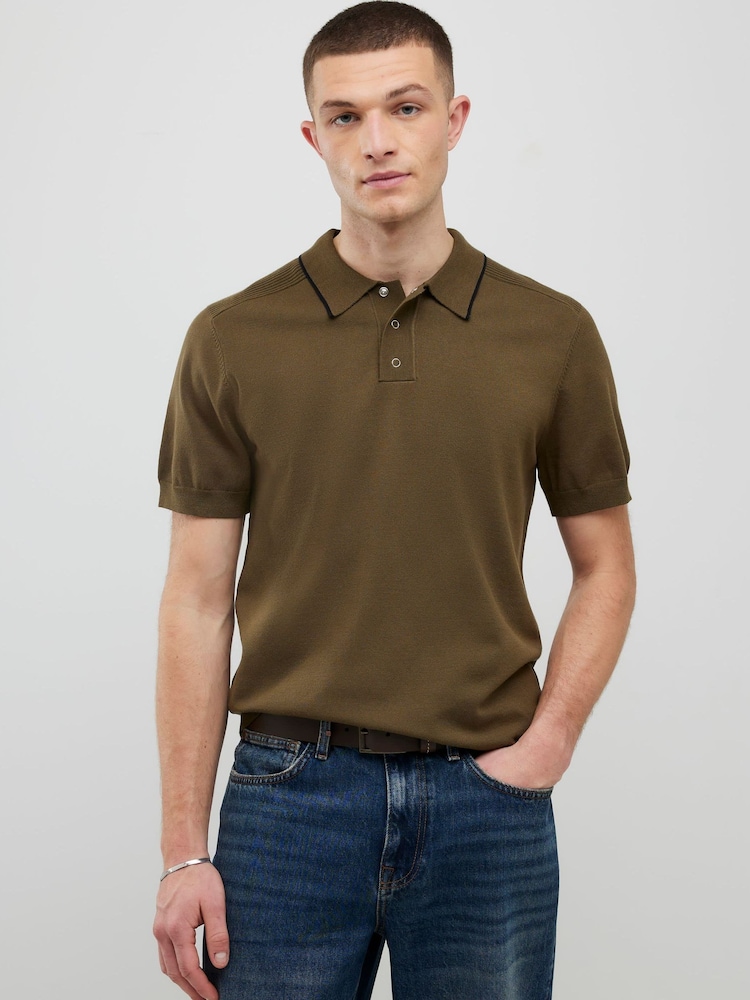 River Island Green Slim Fit Tipped Polo Shirt - Image 1 of 4 River Island Green Slim Fit Tipped Polo Shirt - Image 1 of 4