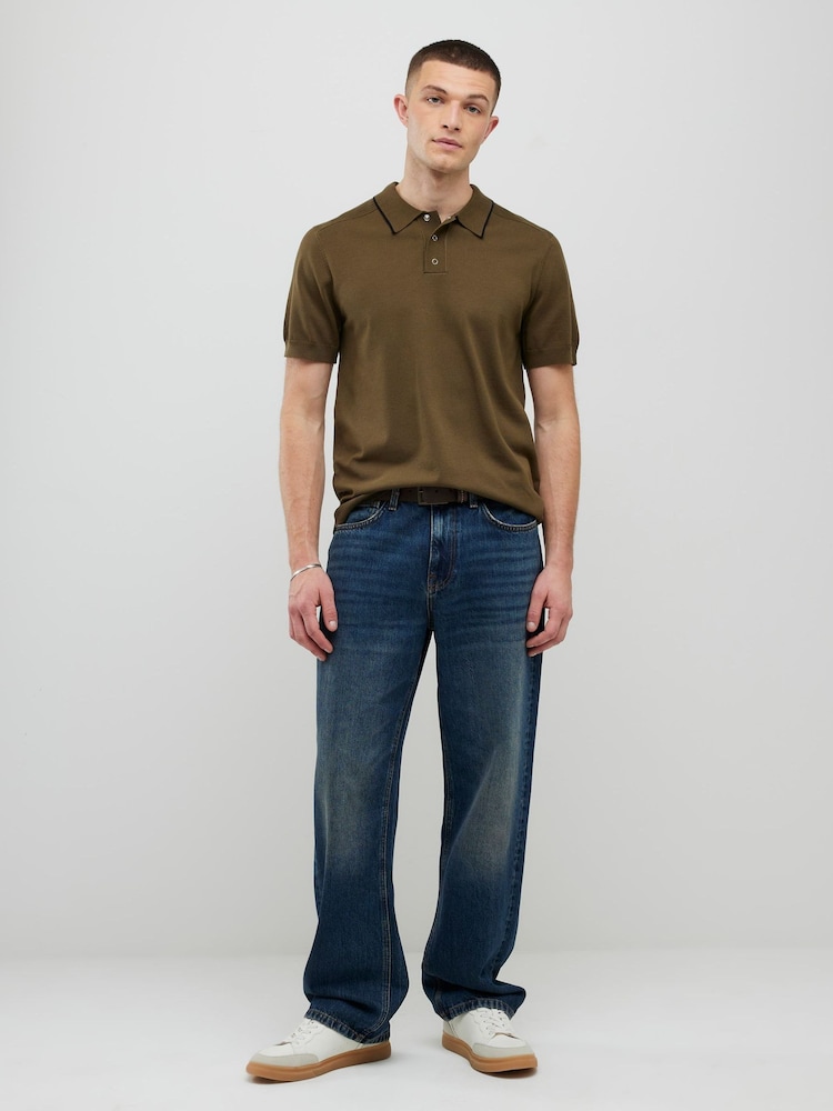 River Island Green Slim Fit Tipped Polo Shirt - Image 2 of 4 River Island Green Slim Fit Tipped Polo Shirt - Image 2 of 4