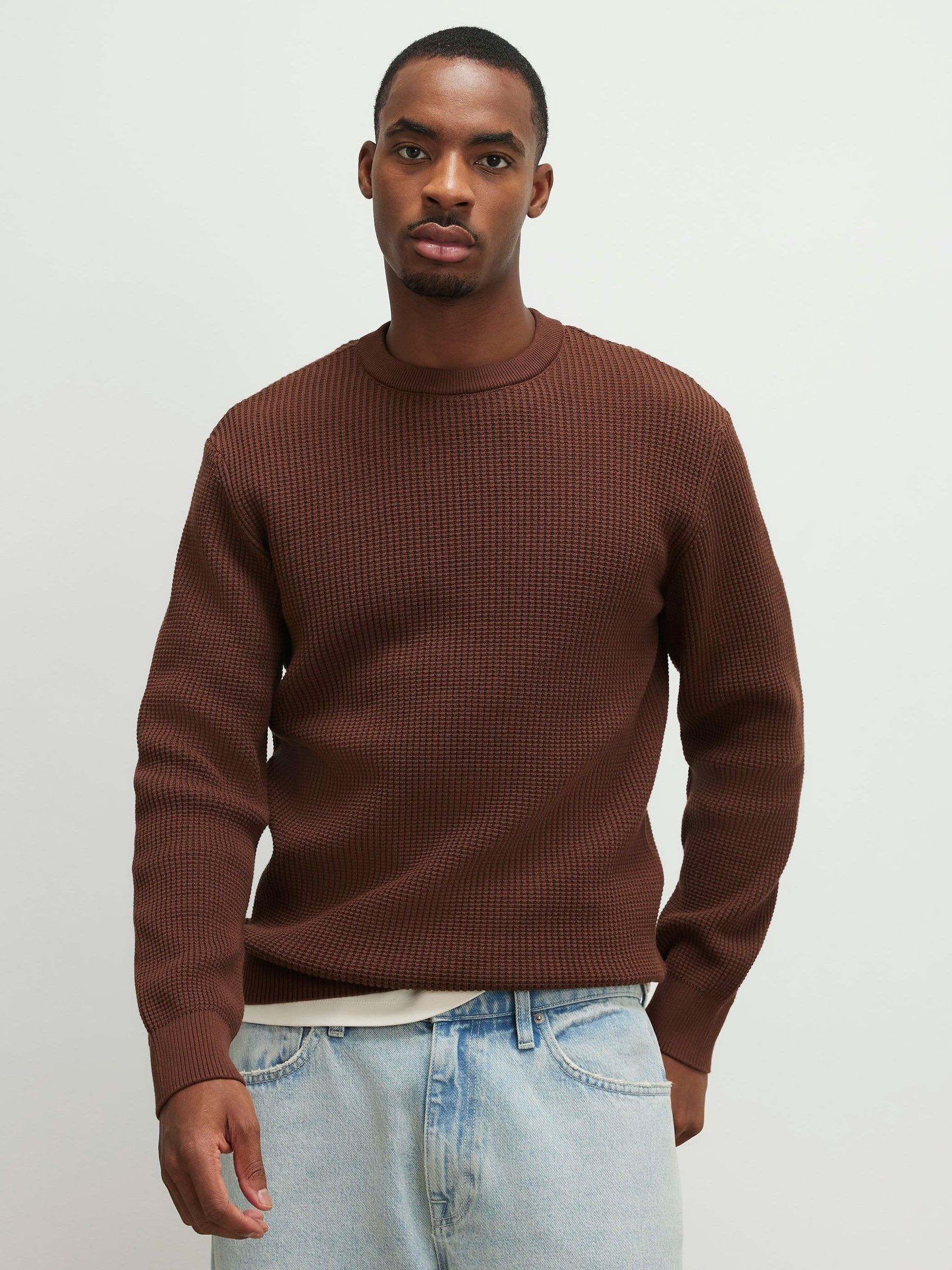 Buy River Island Brown Waffle Knitted Crew Neck Jumper from the