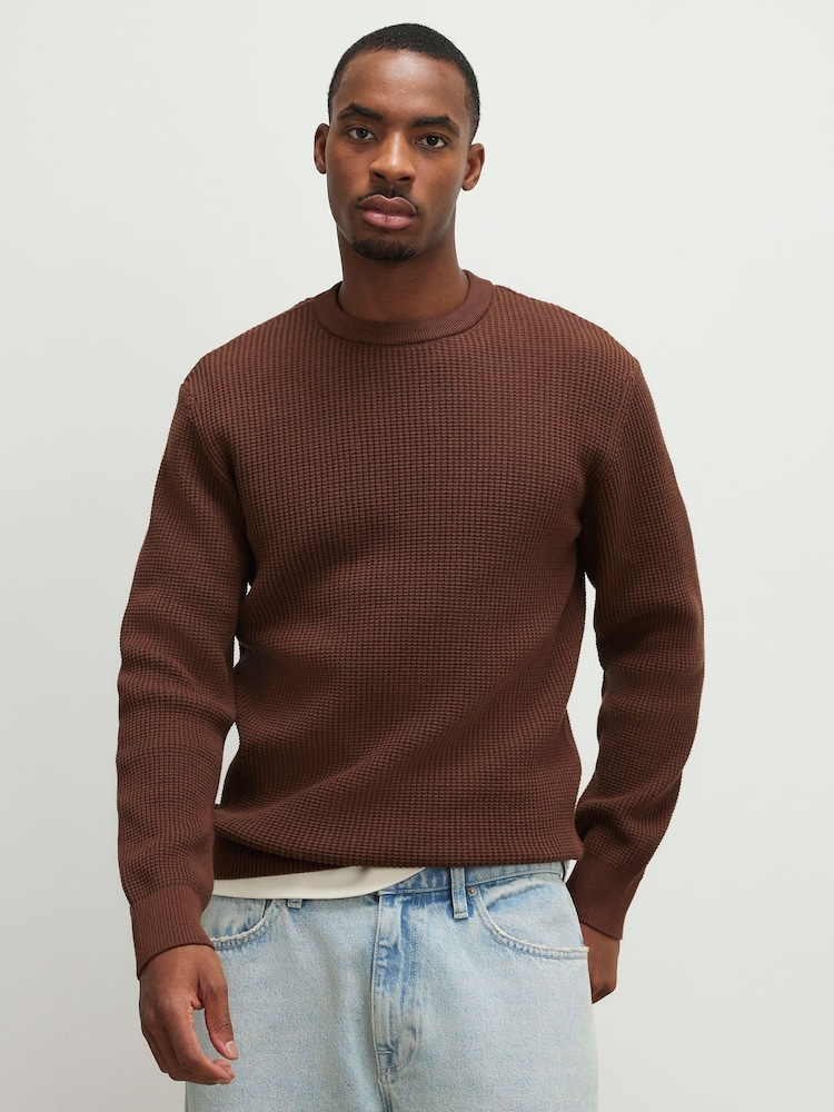 River Island Brown Waffle Knitted Crew Neck Jumper - Image 1 of 4