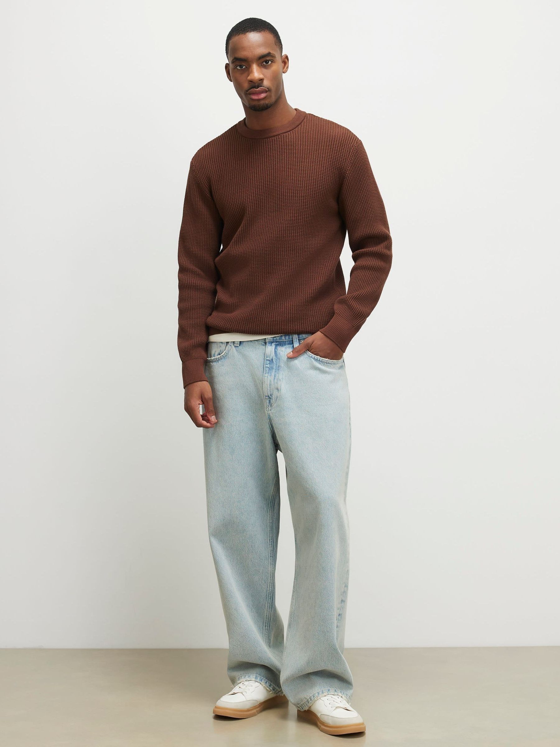 Buy River Island Brown Waffle Knitted Crew Neck Jumper from the