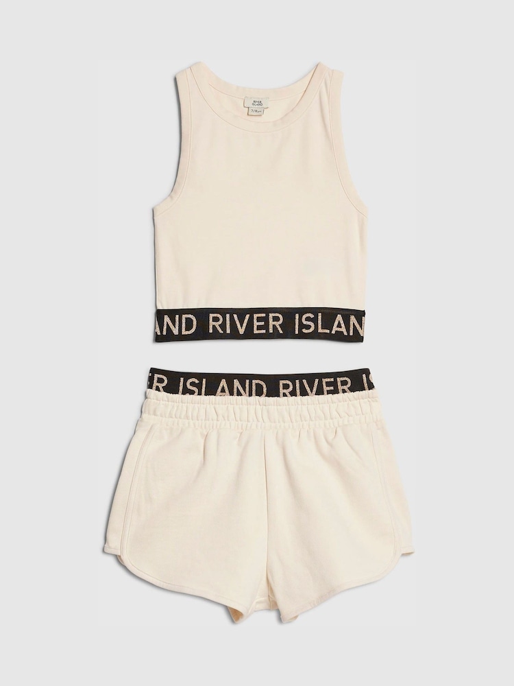 River Island Cream Logo Tank & Runner Short Set - Image 1 of 4