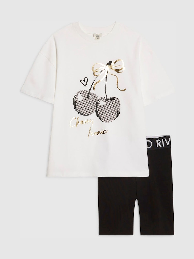 River Island White Cherry T-Shirt & Cycle Shorts Set - Image 1 of 5