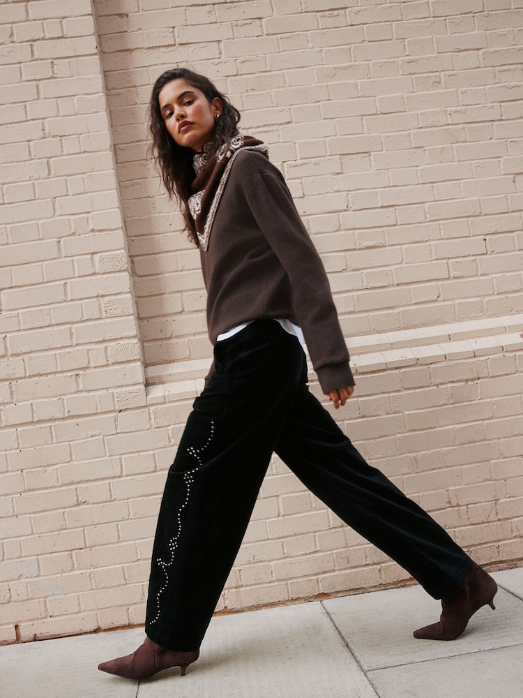 Black Studded Corduroy Barrel Leg Trousers - Image 1 of 9 Black Studded Corduroy Barrel Leg Trousers - Image 1 of 9