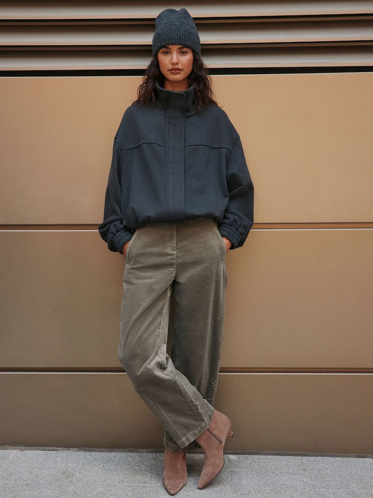Khaki Green Studded Corduroy Barrel Leg Trousers - Image 1 of 9 Khaki Green Studded Corduroy Barrel Leg Trousers - Image 1 of 9