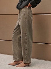 Khaki Green Studded Corduroy Barrel Leg Trousers - Image 4 of 9