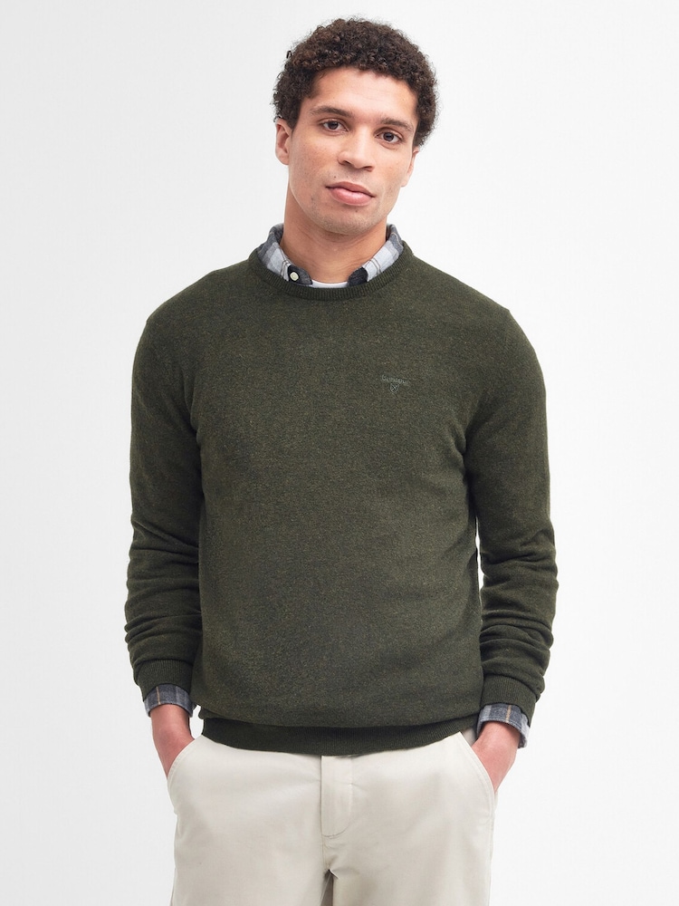 Barbour® Green Essential Lambswool Crew Neck Jumper - Image 1 of 7 Barbour® Green Essential Lambswool Crew Neck Jumper - Image 1 of 7