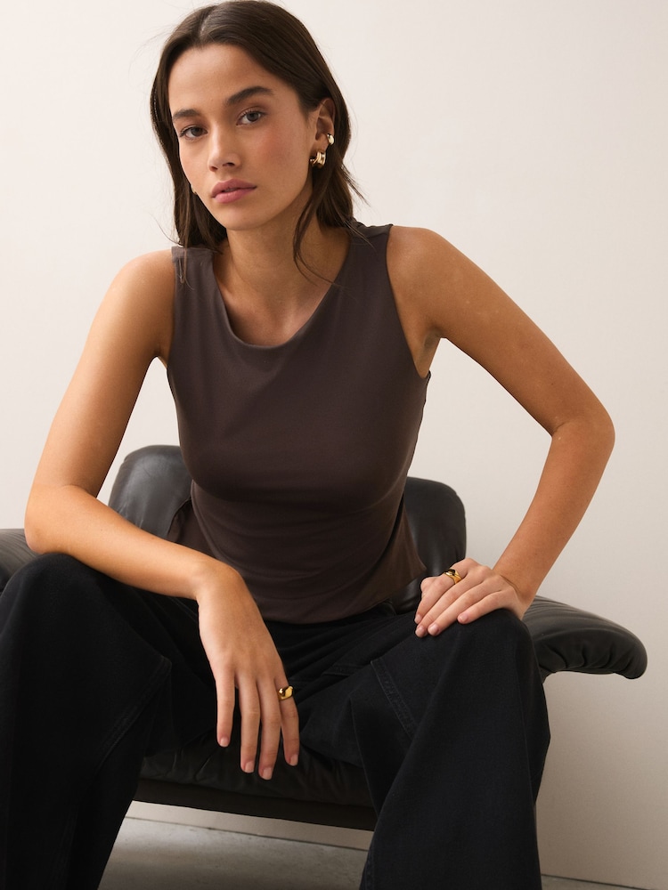 Chocolate Brown Soft Touch Slinky Backless Tie Sleeveless Top - Image 1 of 8 Chocolate Brown Soft Touch Slinky Backless Tie Sleeveless Top - Image 1 of 8