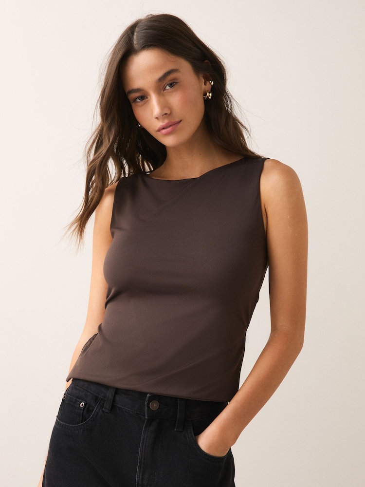 Chocolate Brown Soft Touch Slinky Backless Tie Sleeveless Top - Image 2 of 8 Chocolate Brown Soft Touch Slinky Backless Tie Sleeveless Top - Image 2 of 8