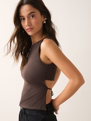 Chocolate Brown Soft Touch Slinky Backless Tie Sleeveless Top - Image 4 of 8