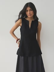 Black Peplum Tailored Top with Linen - Image 2 of 8