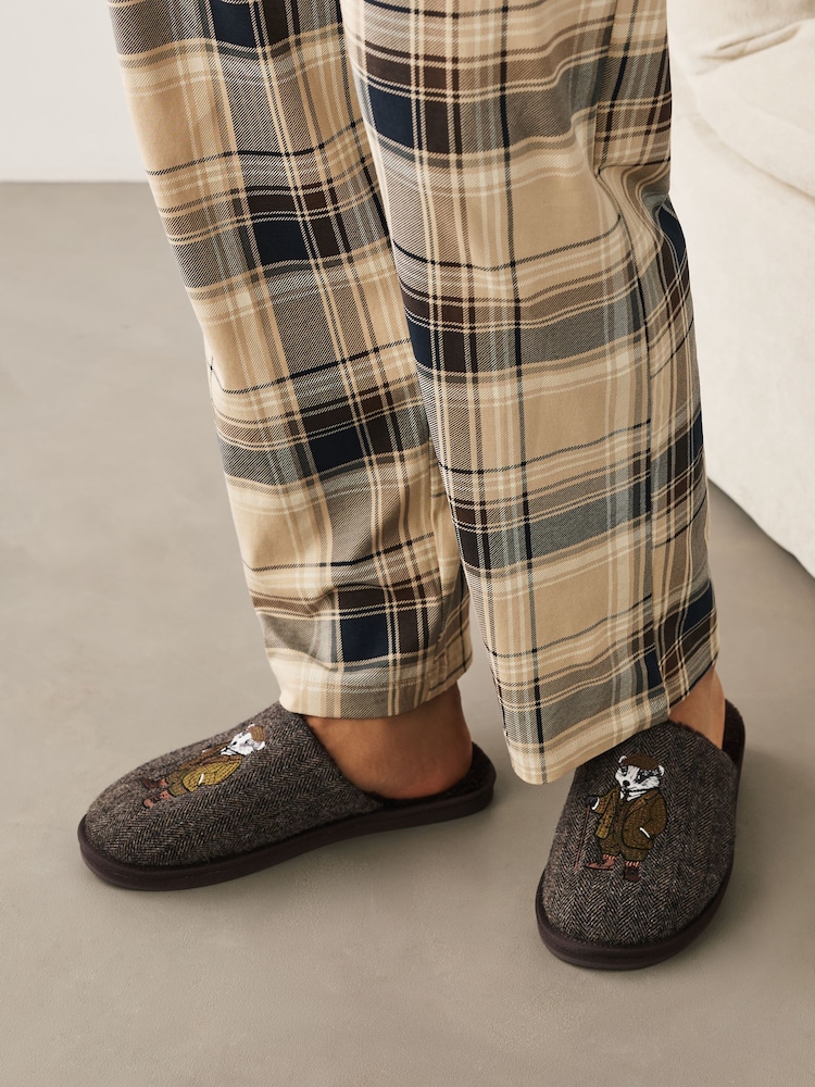 Brown Badger Embroidered Slippers - Image 1 of 7 Brown Badger Embroidered Slippers - Image 1 of 7