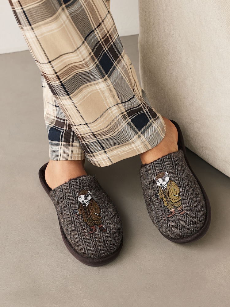 Brown Badger Embroidered Slippers - Image 2 of 7 Brown Badger Embroidered Slippers - Image 2 of 7