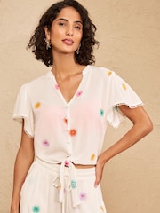 Love & Roses Ivory Sun Embroidered Tie Front Beach Top - Image 1 of 4