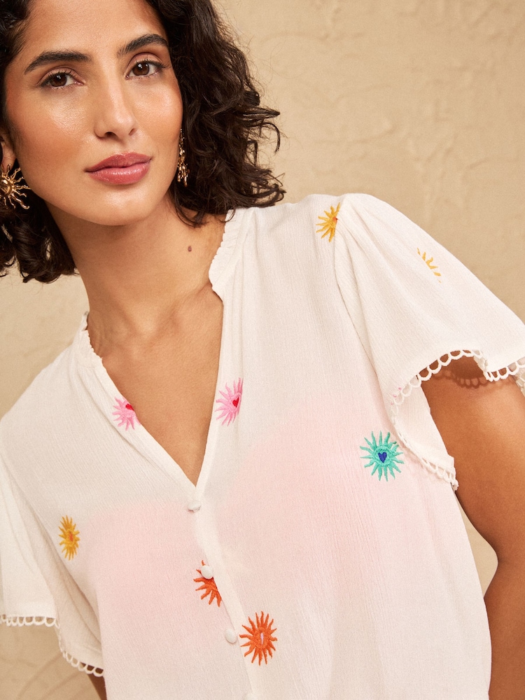 Love & Roses Ivory Sun Embroidered Tie Front Beach Top - Image 2 of 4