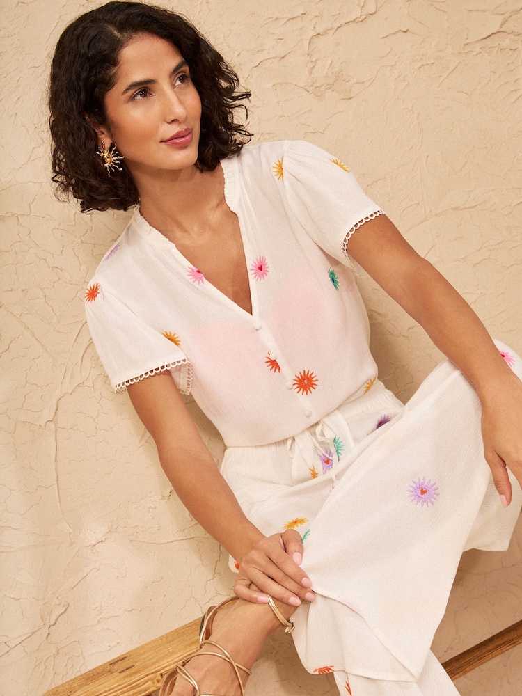 Love & Roses Ivory Sun Embroidered Tie Front Beach Top - Image 4 of 4