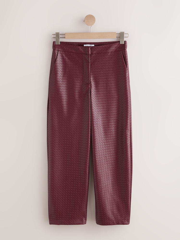 Burgundy Red Basket Weave Faux Leather Barrel Leg Trousers - Image 1 of 3 Burgundy Red Basket Weave Faux Leather Barrel Leg Trousers - Image 1 of 3