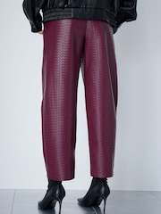 Burgundy Red Basket Weave Faux Leather Barrel Leg Trousers - Image 4 of 8