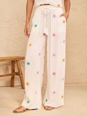Love & Roses Ivory Sun Embroidered Wide Leg Beach Trousers - Image 1 of 5
