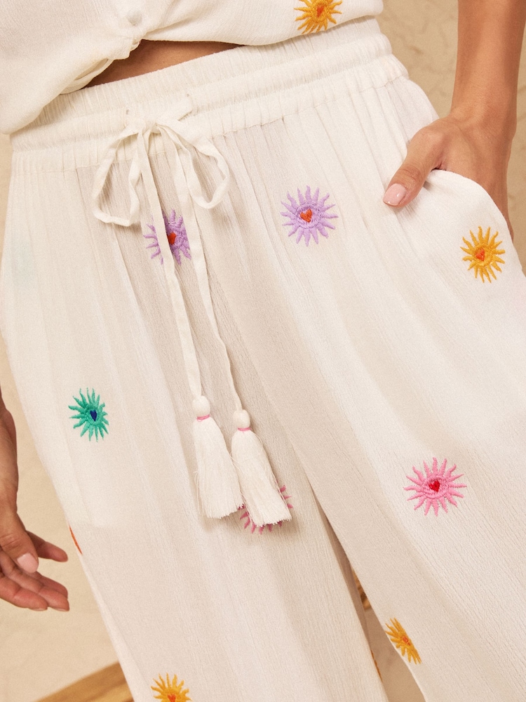 Love & Roses Ivory Sun Embroidered Wide Leg Beach Trousers - Image 2 of 5