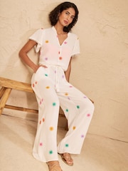 Love & Roses Ivory Sun Embroidered Wide Leg Beach Trousers - Image 4 of 5