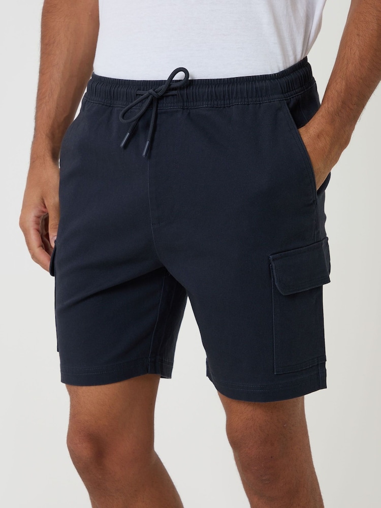 Threadbare Blue Shorter Length Elasticated Waist Stretch Cargo Shorts - Image 1 of 3 Threadbare Blue Shorter Length Elasticated Waist Stretch Cargo Shorts - Image 1 of 3
