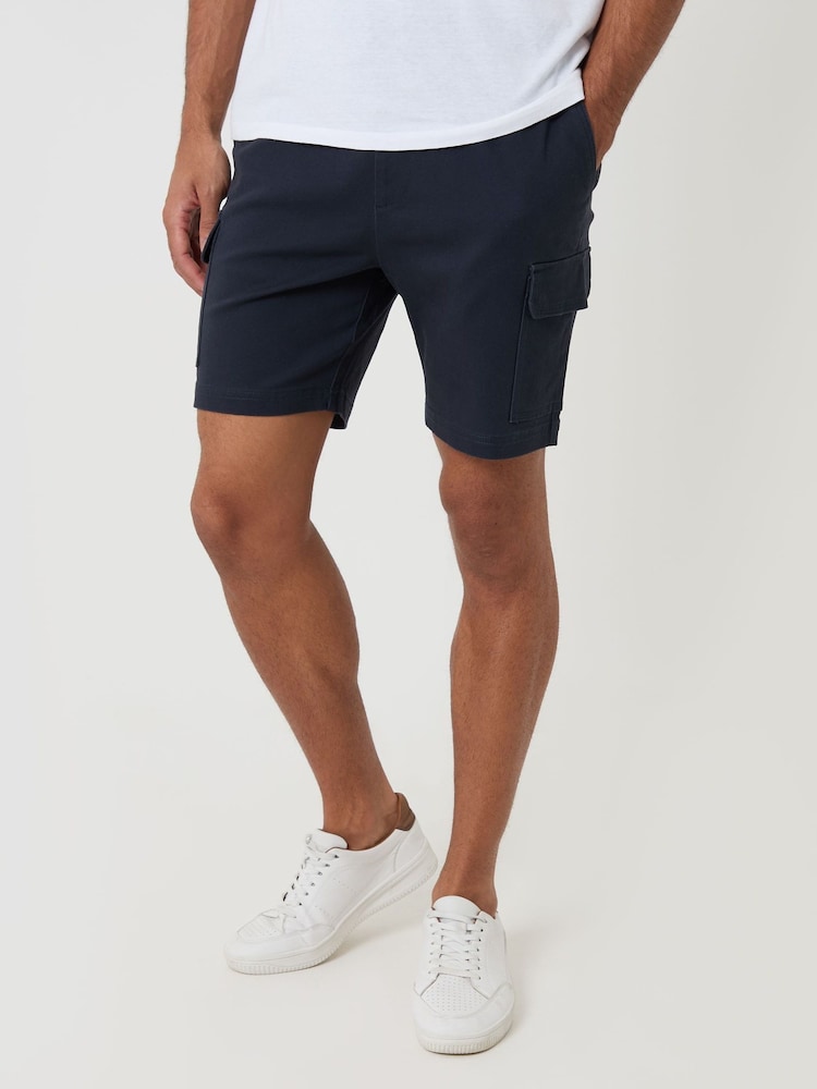 Threadbare Blue Shorter Length Elasticated Waist Stretch Cargo Shorts - Image 2 of 3 Threadbare Blue Shorter Length Elasticated Waist Stretch Cargo Shorts - Image 2 of 3