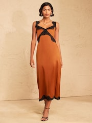 Love & Roses Burnt Orange Contrast Satin Lace Slip Midi Dress - Image 1 of 4