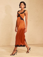 Love & Roses Burnt Orange Contrast Satin Lace Slip Midi Dress - Image 3 of 4