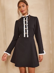 Love & Roses Black Tailored Ruffle Placket Detail Long Sleeve  Mini Dress - Image 3 of 4